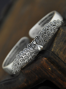 藏式复古拉丝浮雕孔雀口银手镯女