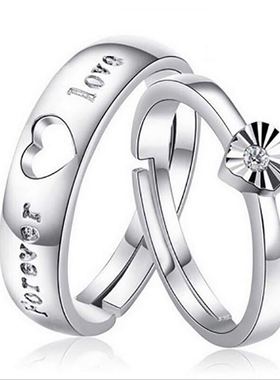 合金镀银情侣开口对戒莫桑石日韩简约时尚百搭开口可调节男女戒指