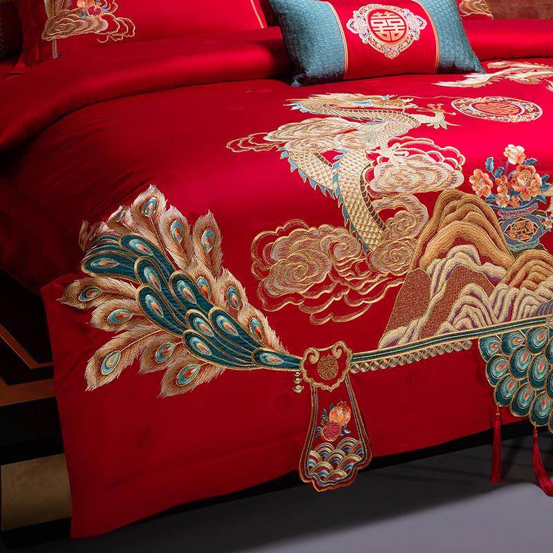 奢华龙凤刺绣高端婚庆全棉四件套 红色陪嫁高档喜被结婚床上用品,淘宝优惠券,粉丝福利购,淘宝优惠卷
