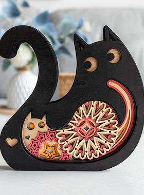 梯木叠雕爱心猫摆件情侣礼物可刻字乔迁新居装饰轻奢客厅小工艺品