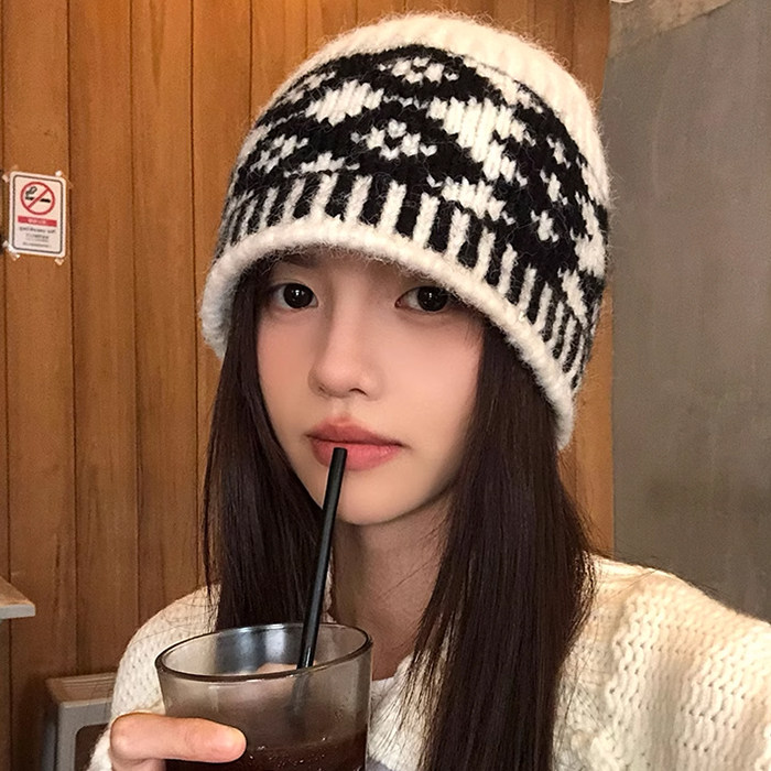 复古菱形格子毛线帽子女秋冬季小众设计感针织帽保暖防寒包头冷帽