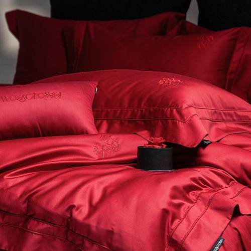 100支阿瓦提长绒棉高端婚庆四件套大红提花喜庆套件全棉纯棉被套4 - 图0