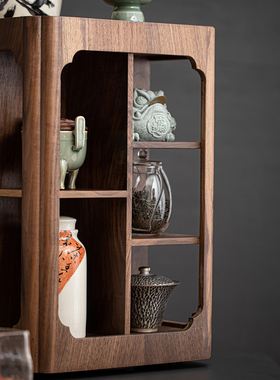 北美黑胡桃木旋转玲珑阁家用桌面收纳茶柜摆件茶具茶壶茶杯架子