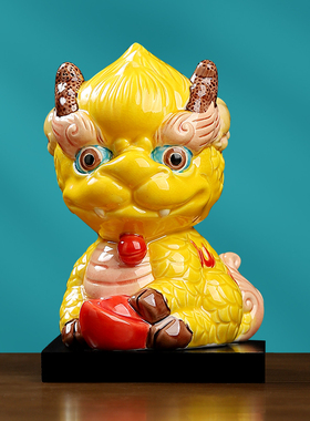 陶瓷招财麒麟摆件一对中国风可爱客厅办公室桌面国潮装饰工艺礼品