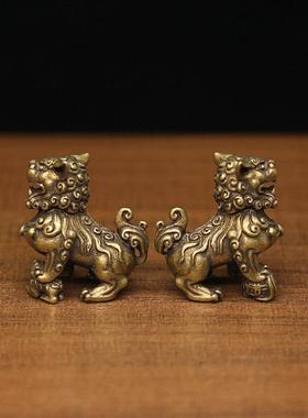 迷你黄铜小号狮子摆件镇宅招财桌面居家客厅中式覆古纯铜茶宠摆设