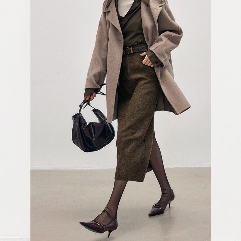 时尚开叉毛呢半身裙女装秋冬新款垂感高腰百搭人字纹a字裙子气质,淘宝优惠券,粉丝福利购,淘宝优惠卷