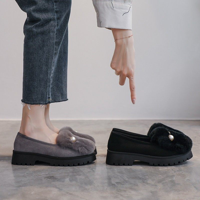 【兔毛绒】毛毛鞋女2025秋冬新款软底浅口增高棉鞋粗跟厚底豆豆鞋,淘宝优惠券,粉丝福利购,淘宝优惠卷