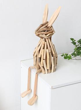 手工创意卡通实木质兔子客厅装饰玄关软装书架桌面装饰品坐姿摆件