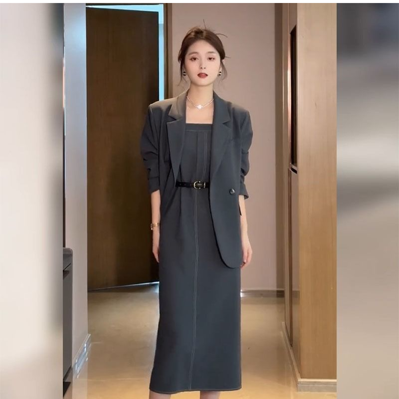 春秋新款大码女装百搭西装高级感西服收腰减龄吊带连衣裙子两件套,淘宝优惠券,粉丝福利购,淘宝优惠卷