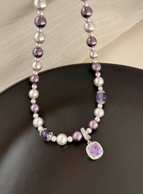 日本品质紫色水晶珍珠项链女轻奢小众设计高级感锁骨链爆款颈链配