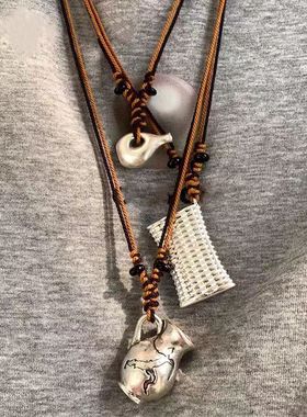 日本品质复古风雕刻酒壶编织筐项链轻奢高级感编绳长项链小众设计