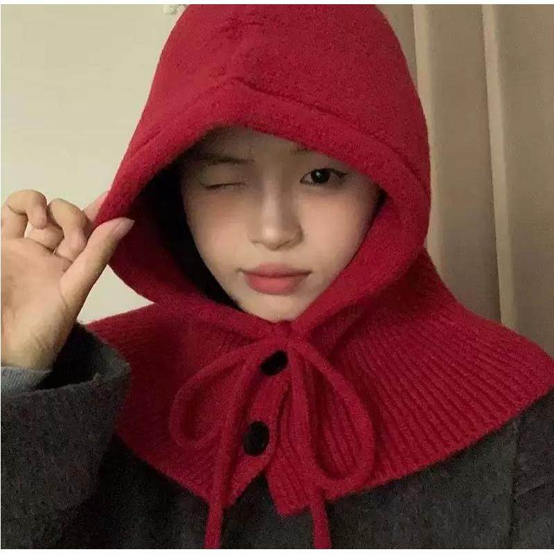 2025秋冬新款纯色针织带纽扣包头帽加厚防风保暖帽围巾帽护耳围脖,淘宝优惠券,粉丝福利购,淘宝优惠卷