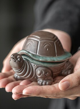 创意哥窑小乌龟摆件创意茶室桌面装饰品多功能陶瓷一体茶漏过滤器