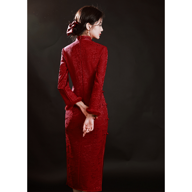 敬酒服旗袍新中式冬季加绒加厚年轻款蕾丝订婚新娘结婚礼服女红色 - 图3