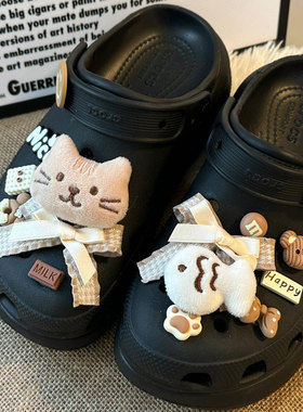 毛绒猫吃鱼洞洞鞋配饰男女儿童鞋花鞋扣卡洛驰diy配件装饰芭蕾鞋