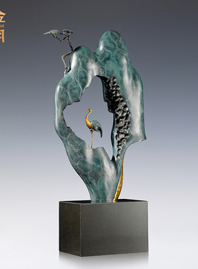 铜艺坊鹤鸣山谷黄铜摆件山水创意黄铜器家居客厅玄关装饰品铜摆件