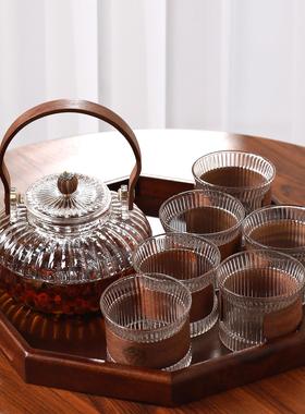 中式胡桃木玻璃茶具套组泡茶壶养生茶器覆古客厅家用茶壶茶杯水杯