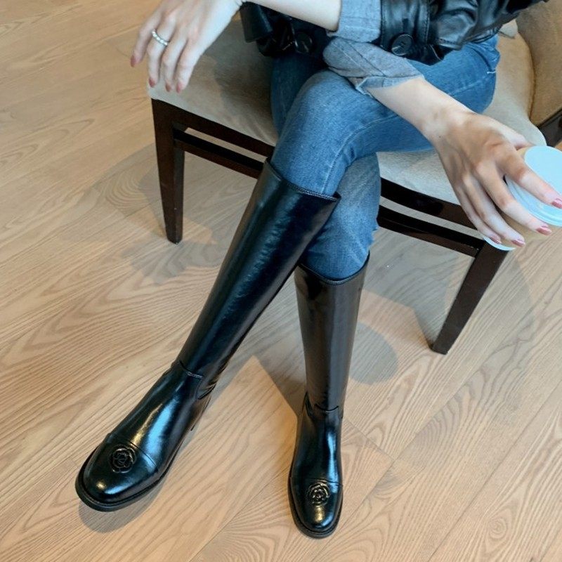 精致时尚！网红小香茶花真皮骑士靴，圆脚趾女士，不超过膝盖高拉,淘宝优惠券,粉丝福利购,淘宝优惠卷