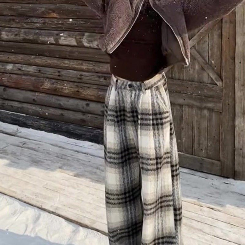 美式覆古高街加绒毛呢格子裤子女2024新款冬季直筒休闲 阔腿拖地,淘宝优惠券,粉丝福利购,淘宝优惠卷