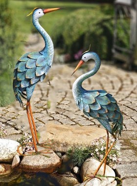 铁艺仙鹤鸟复古做旧蓝色落地橱窗摆件别墅庭院花园露台水池装饰