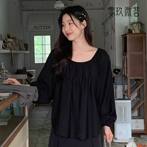 零玖微茗韩版大码丝质宽松上衣灯笼袖圆领微胖女装显瘦74372 - 图2