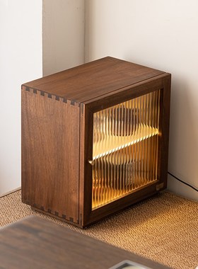 胡桃木小型桌面茶具防尘柜收纳柜创意带灯储物柜实木茶室展示柜