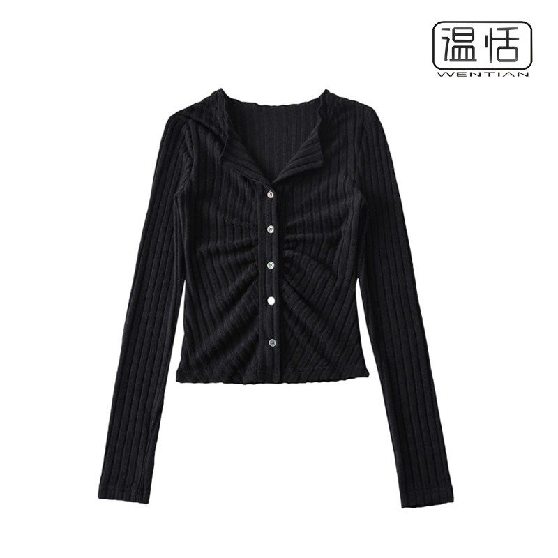 【包邮】2024秋季单排扣收腰褶皱坑条针织开衫女小翻领长袖上衣女,淘宝优惠券,粉丝福利购,淘宝优惠卷