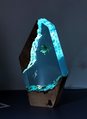 海洋乌龟潜水员龙溶洞床头桌面摆件礼品灯座实木饰品Z小夜灯礼物
