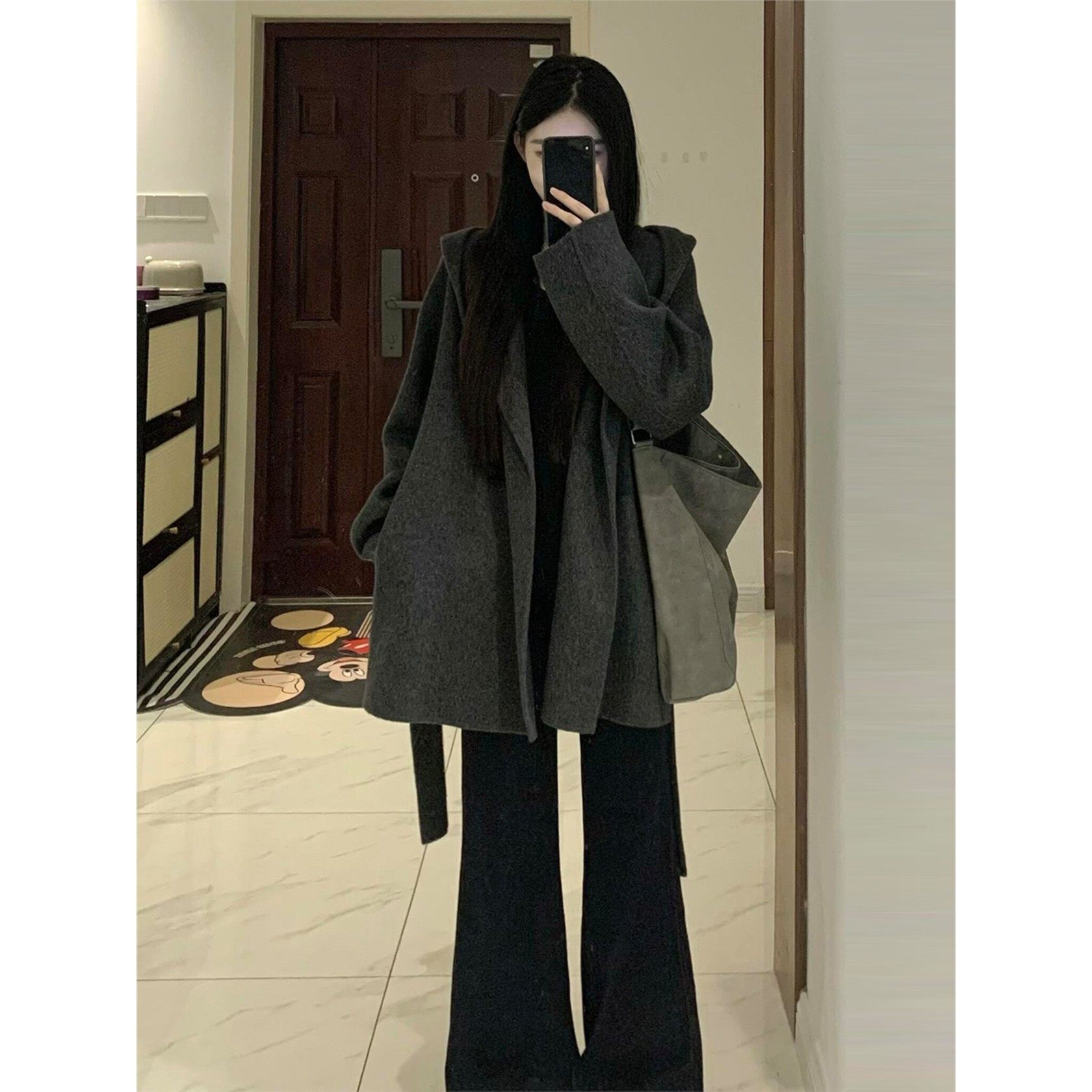 灰色韩系连帽呢子大衣女2025新款毛呢外套小个子赫本风高级感气质,淘宝优惠券,粉丝福利购,淘宝优惠卷