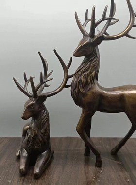 古玩纯铜鹿摆件一j对铜福鹿吉祥鹿办公室桌面玄关礼品收藏装饰摆