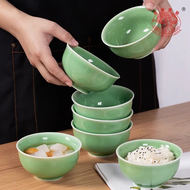 龙泉青瓷米饭碗创意中式餐具陶瓷家用加厚大号面汤碗喝粥碗点心碗