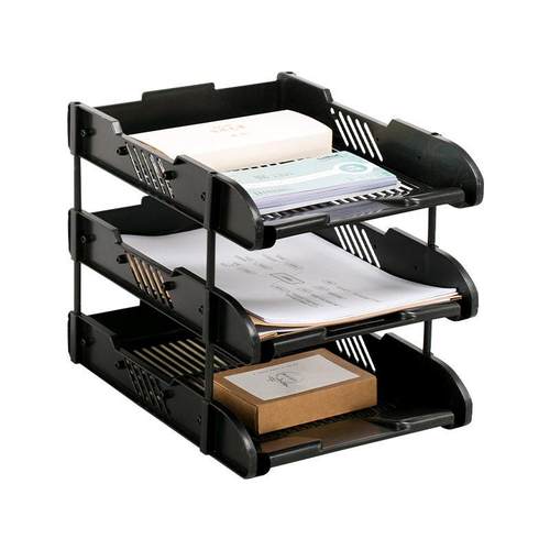 牧野MAKINO文件座三层文件框文件盘多功能黑色塑料横式多层文件架 - 图3