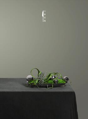 天青苔绿 现代新中式金属托盘永生苔藓组合 样板间展示柜书柜摆件