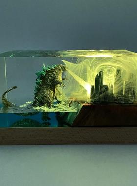 创意树脂海底世界怪兽哥斯拉喷电氛围灯家居装饰品礼物小夜灯摆件