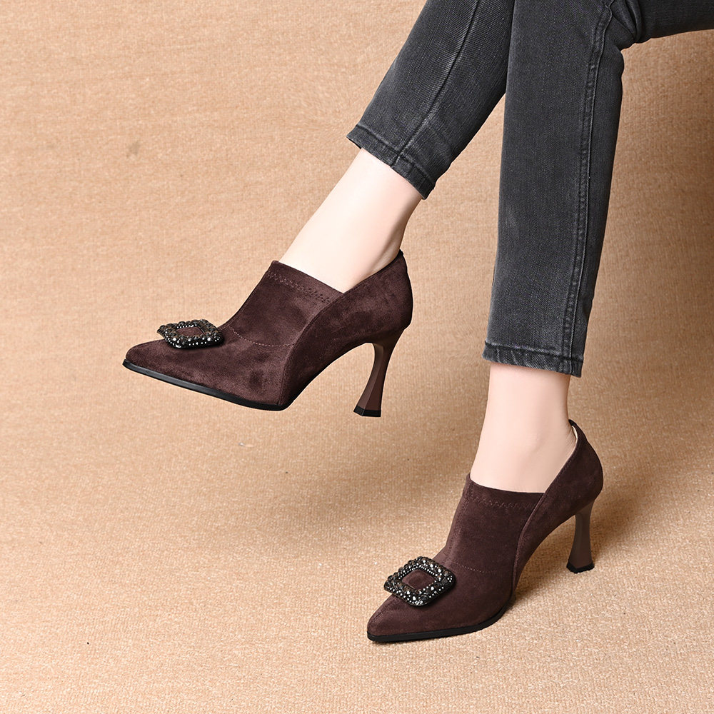 真皮羊皮尖头水钻扣深口女鞋秋季新款绒面弹力布细跟高跟时尚裸靴