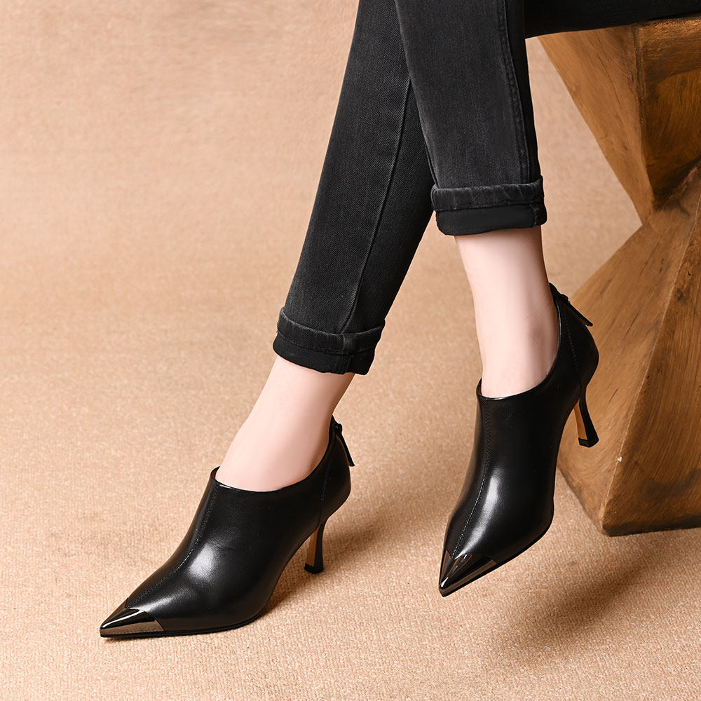 金属尖头后拉链高跟深口单鞋女春秋新款软皮百搭气质细跟小皮鞋,淘宝优惠券,粉丝福利购,淘宝优惠卷
