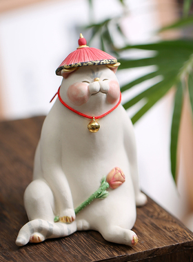 创意日式陶瓷手作可爱治愈系肥猫公仔居家桌面装饰小摆件生日礼物