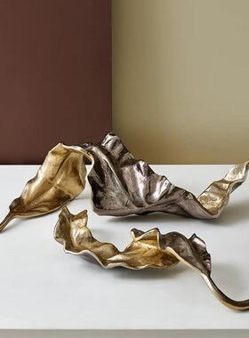 进口铝制金属树叶船型灰金长条果盘插花器摆件现代新中式玄关装饰