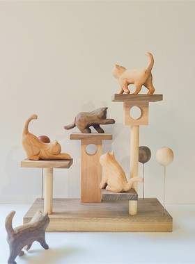 冰冷森林木雕手作猫咪微观猫架朦胧猫J幻想乐园氛围装饰摆件桌面