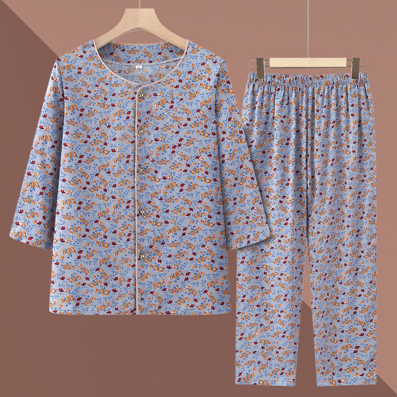 中老年人夏装套装女奶奶开衫睡衣中袖70岁老太太妈妈纯棉绸居家服 - 图0