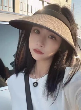 新款uv黑胶防晒草帽子抗UV女夏