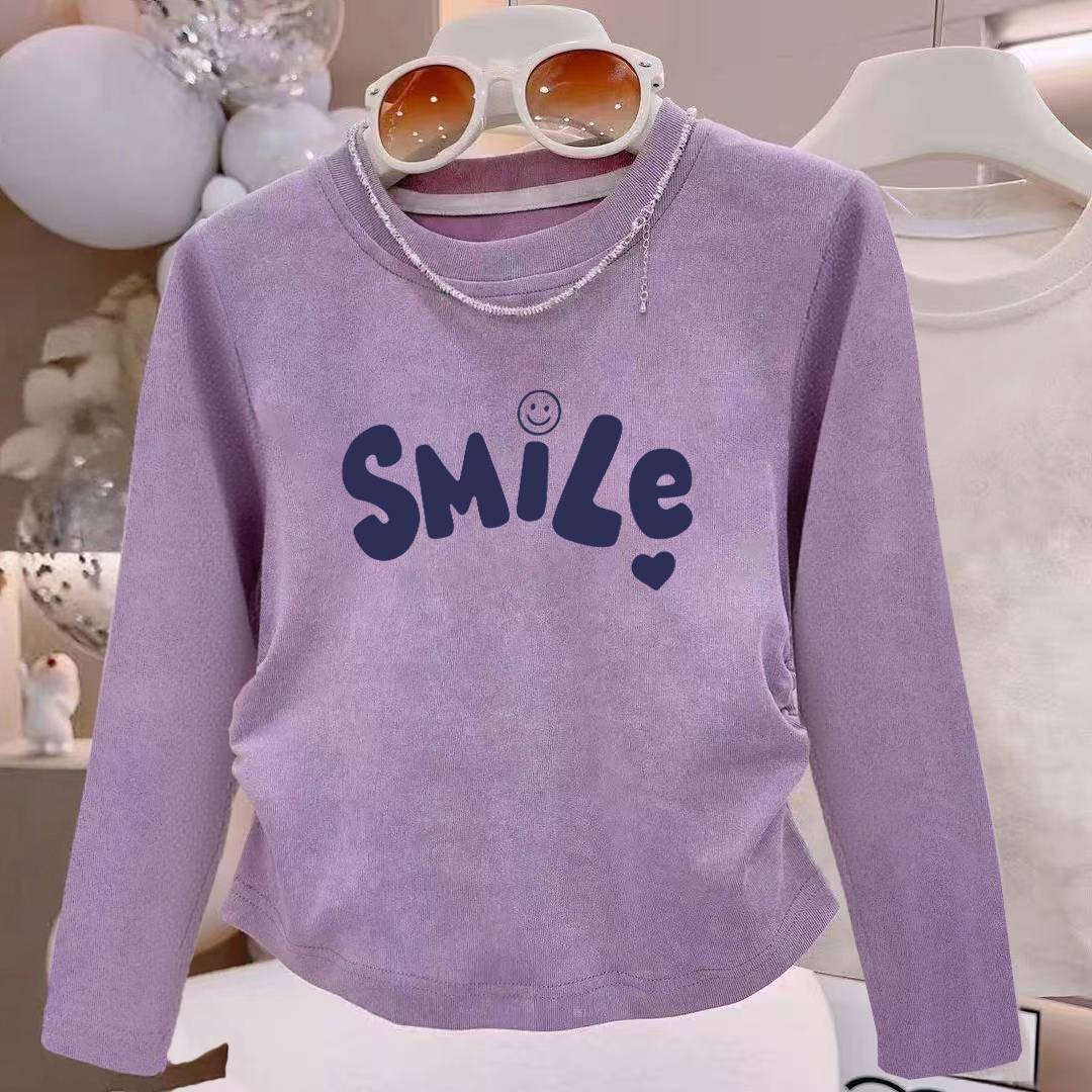 新款女童长袖2025春秋中大童褶皱内搭打底衫儿童洋气女孩上衣潮 - 图0