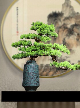 仿真迎客松盆景实木摆q件客厅玄关家居样板房中式博古架书房微景