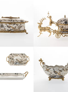 欧式摆件陶瓷配铜桌面美式奢B华装饰品玄关家居实用茶几摆设