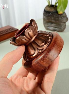 手摇转轮莲花底座室内家用转筒底座桌面转金筒木底座摆件