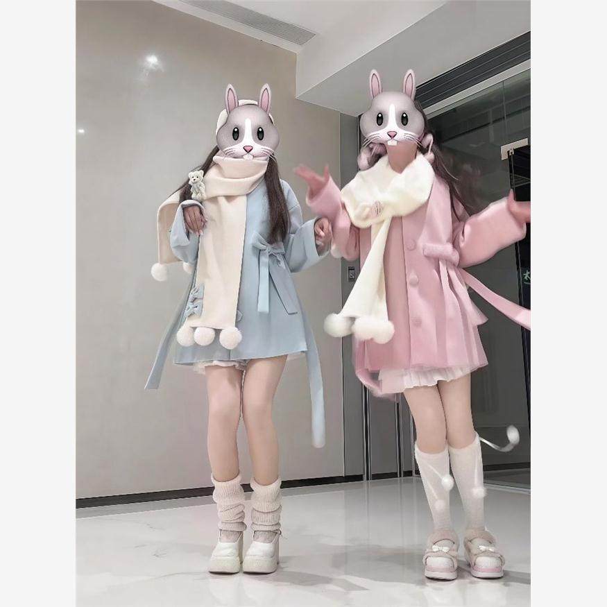 新款秋冬氛围感软妹可爱蝴蝶结围巾中长款女毛呢外套甜美少女套装,淘宝优惠券,粉丝福利购,淘宝优惠卷