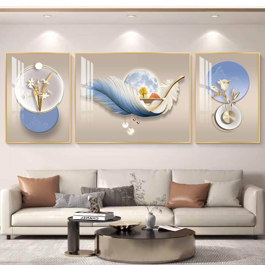 客厅三联画轻奢羽毛好寓意挂画简约大气壁画客厅沙发背景墙装饰画,淘宝优惠券,粉丝福利购,淘宝优惠卷