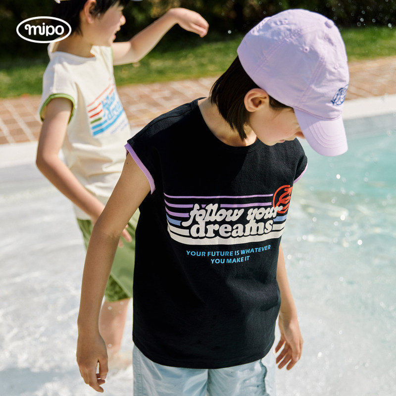 mipo木棉透气凉爽外穿背心夏男女童户外运动训练海边无袖印花T恤,淘宝优惠券,粉丝福利购,淘宝优惠卷