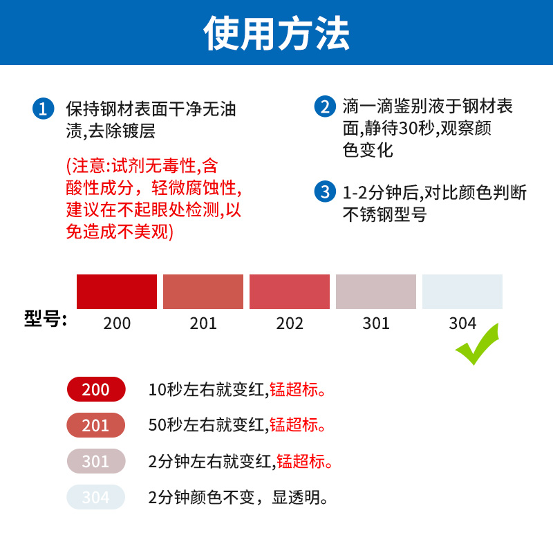 不锈钢检测液304鉴别试剂锰含量识别化验药水316检测测试液鉴定剂 - 图1