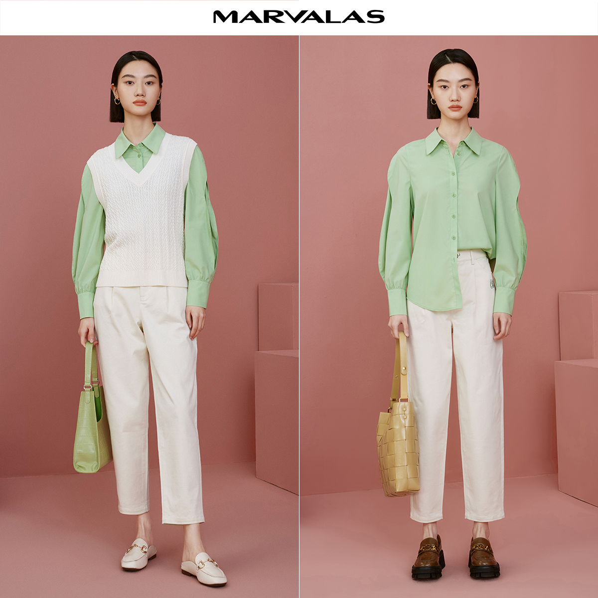 曼德诗设计感果绿衬衫2025春装新款时髦长袖纯色翻领气质个性衬衣